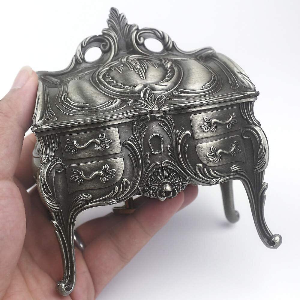 7136 Tall Emboss Alloy Metal Music Box Wind Up Antique Jewelry Musical